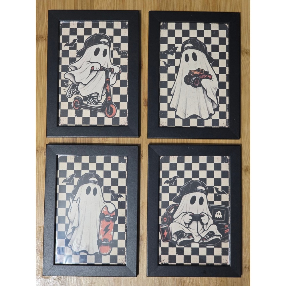 Halloween Ghost Framed Wall Art Set of 4 4x6 Checkered Boys Room Decor